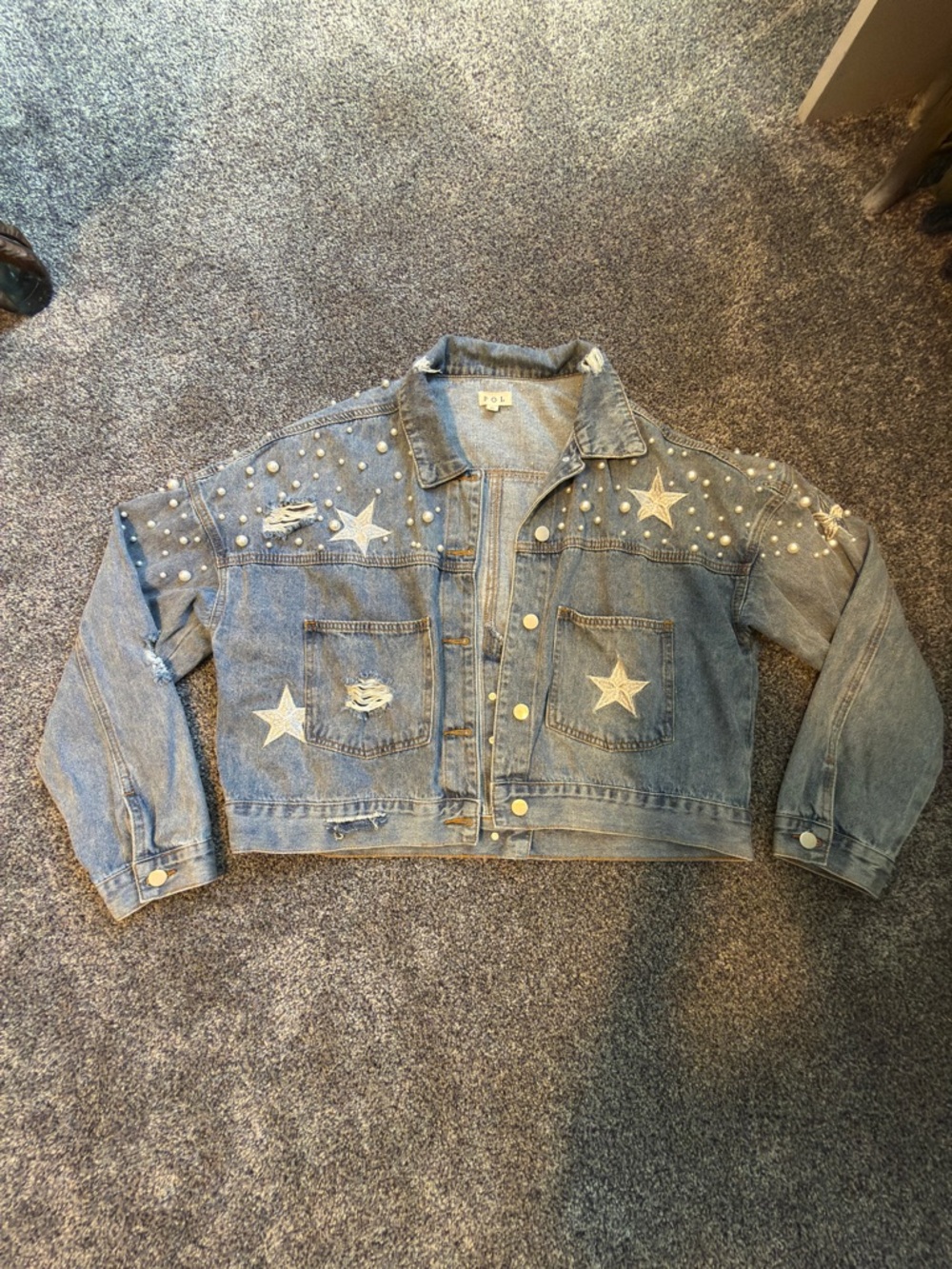 POL Denim Distressed Jacket w/ Stars and Embellished Pearls, Size S
